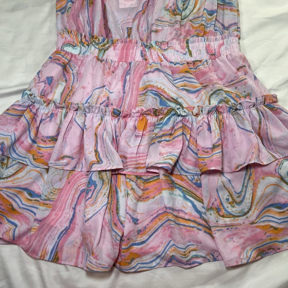 Buddy Love Dress Size M Pink Swirl Off Shoulder Smocked Waist Chiffon Mini NWT - Picture 9 of 12